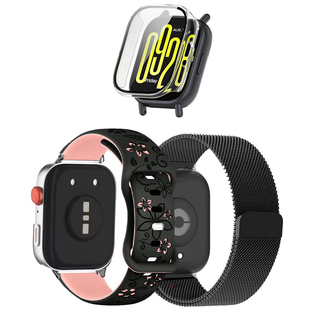 3'lü Kordon Koruma Seti Redmi Watch 5 Lite Uyumlu Metal Hasır,Çiçek Desenli Silikon ve Kasa Koruyucu MDL9