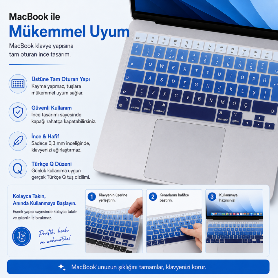 MacBook Pro 14.2 İnç M1 M2 M3 M4 M5 A2442 A2992 Uyumlu Türkçe Q Klavye Koruyucu Mavi Ombre Silikon