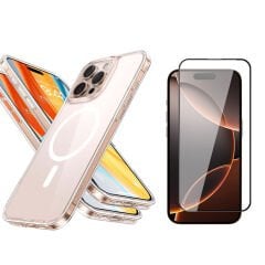 İPhone 16 Pro Max Magsafe Kablosuz Şarj Destekli Sert Silikon Şeffaf Kapak Ve 5D Ekran Koruyucu