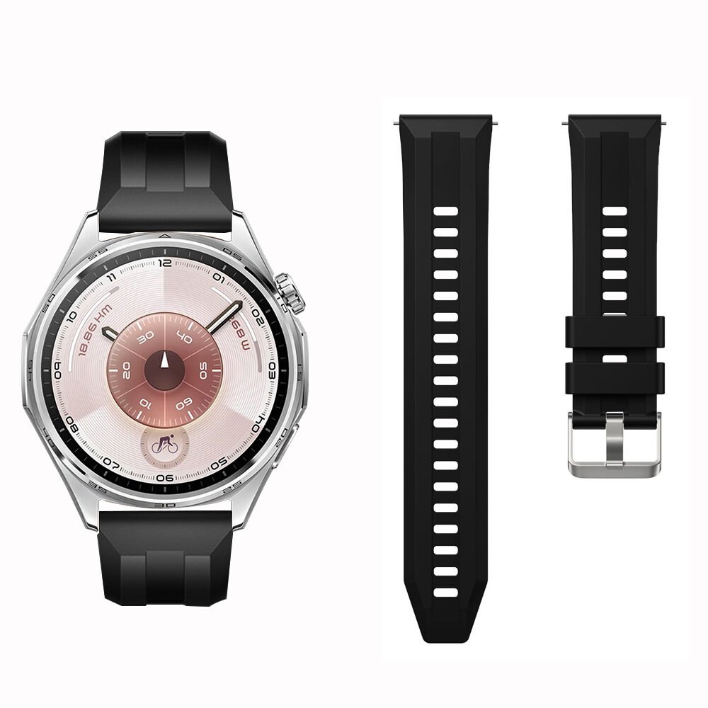 Sneezy Huawei Watch GT6 46mm İle Uyumlu Spor Silikon Metal Tokalı Soft Saat Kordonu Siyah