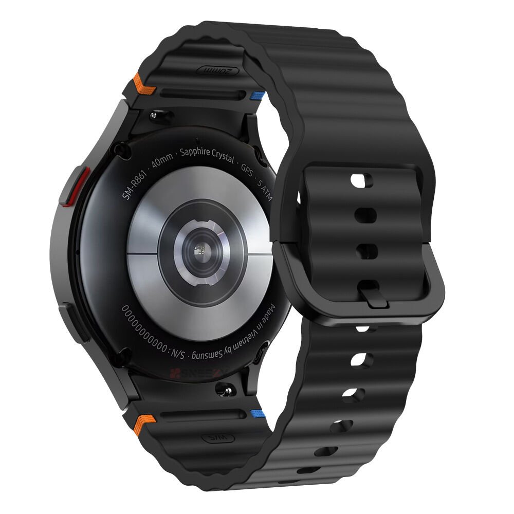 Samsung Galaxy Watch 4 40-42-44-46mm İle Uyumlu Metal Tokalı Dalgalı Spor Silikon Kordon Siyah