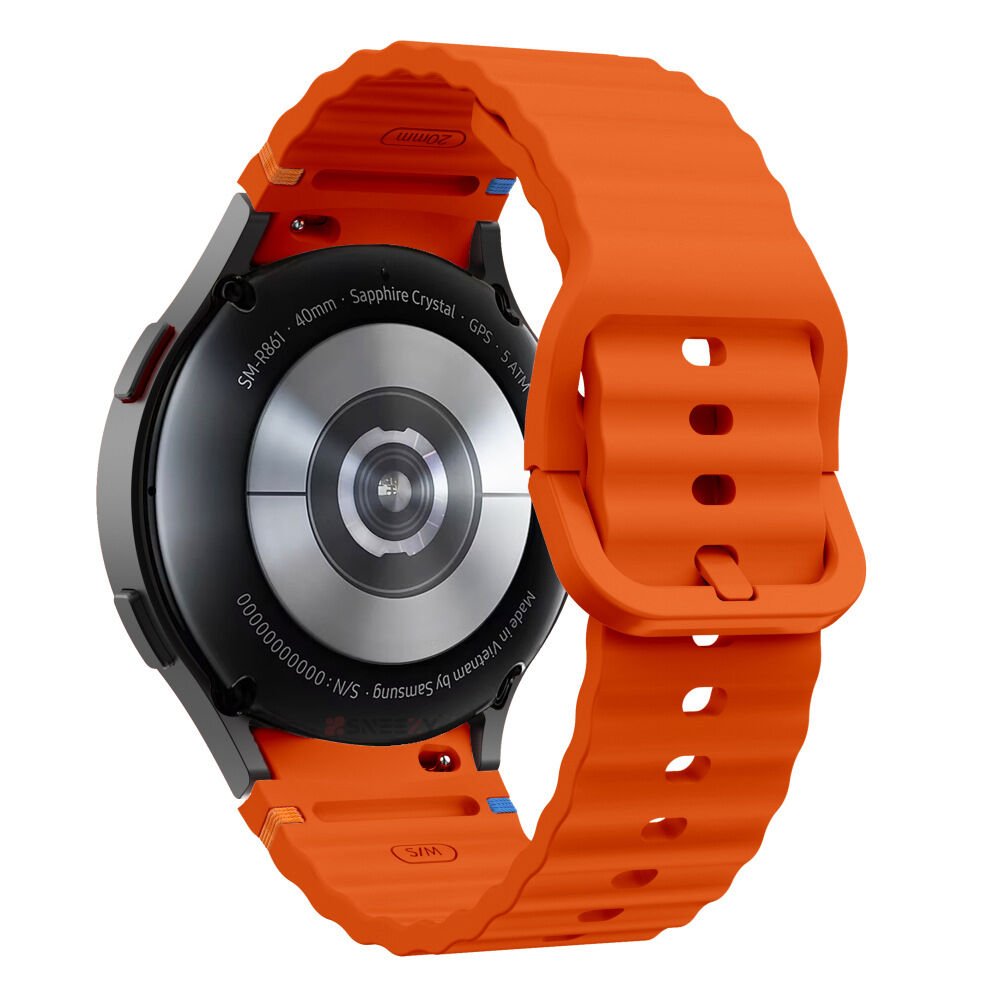 Samsung Galaxy Watch 4 40-42-44-46mm İle Uyumlu Metal Tokalı Dalgalı Spor Silikon Kordon Turuncu