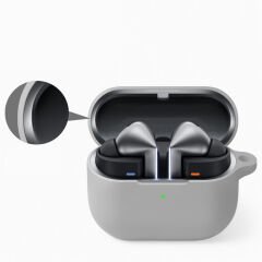 Sneezy Galaxy Buds 3 Pro ve Galaxy Buds 3 Uyumlu Kopçalı Kapaklı Silikon Koruma Kılıfı Gri