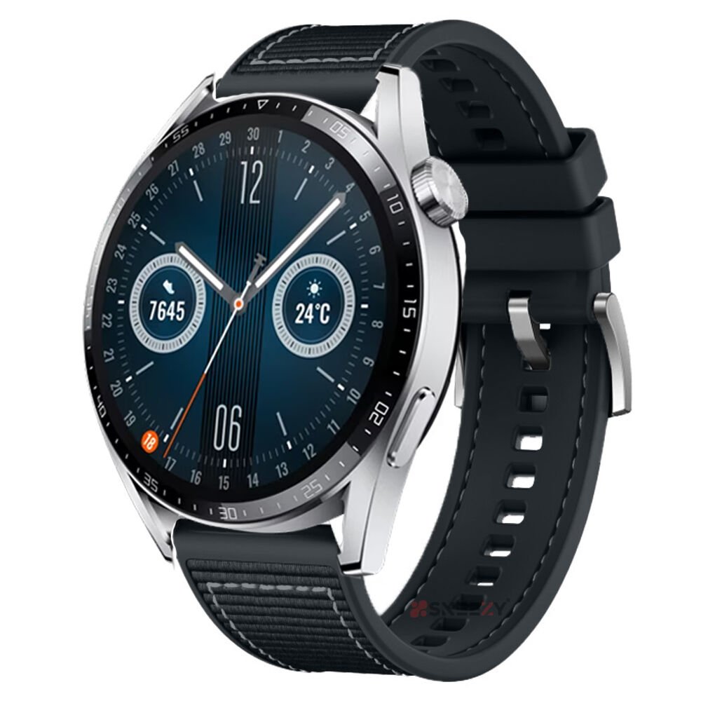Huawei Watch 3 Elite-Classic 46mm-Watch 3 Pro 22mm Uyumlu Dikiş Desenli Dokuma Silikon Kordon Siyah - Siyah