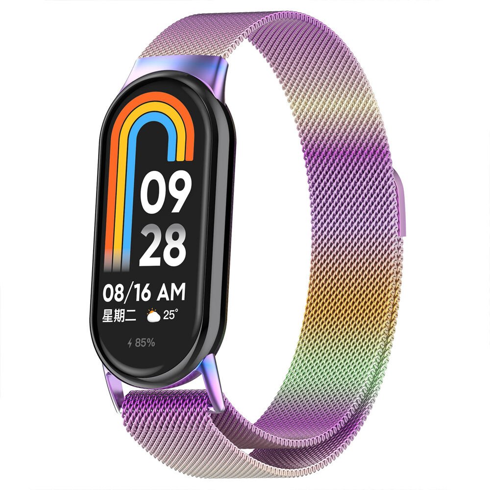Sneezy Xiaomi Mi Band 8 Uyumlu Metal Hasır Kordon Gökkuşağı