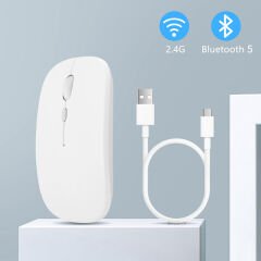 Apple Macbook Şarj Edilebilir Sessiz Mouse Bluetooth + 2.4Hz Wifi Kablosuz Mouse Fare Beyaz - Beyaz
