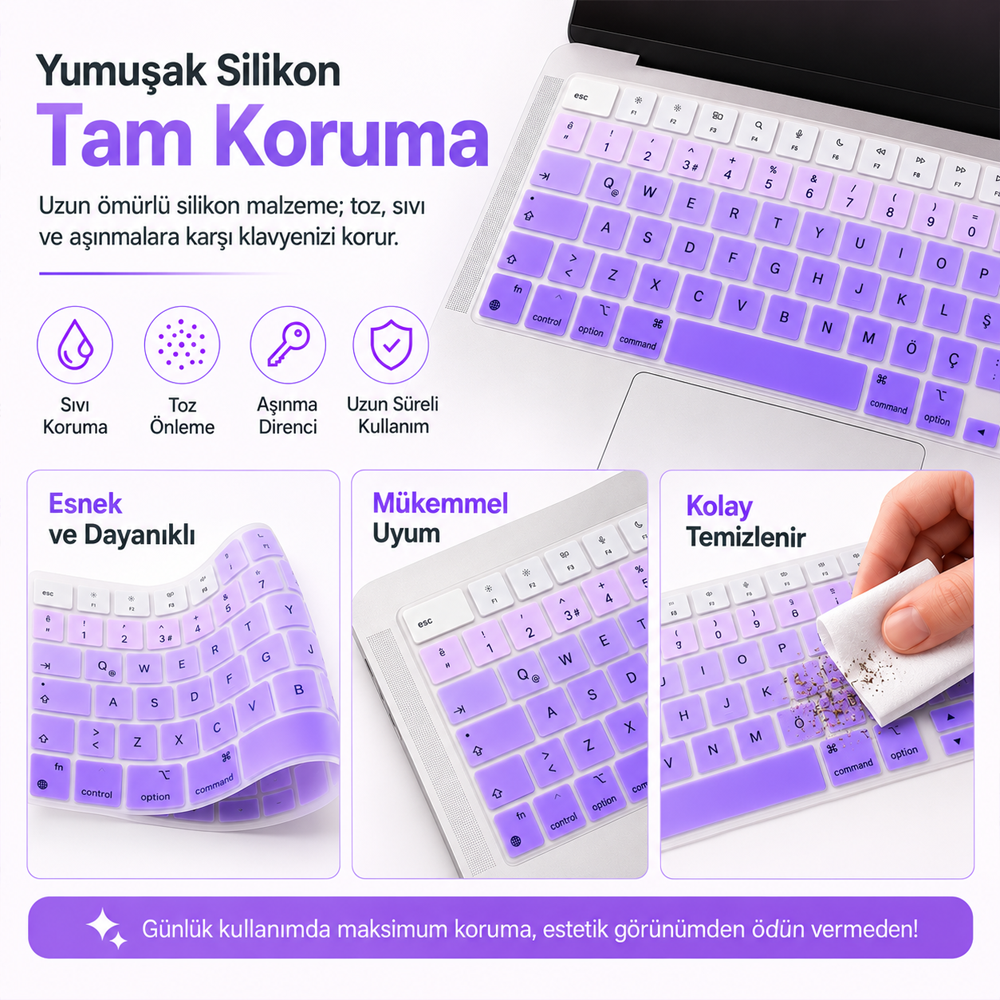 MacBook Pro 16.2 İnç M1 M2 M3 M4 M5 A2485 A2991 Uyumlu Türkçe Q Klavye Koruyucu Mor Ombre Silikon