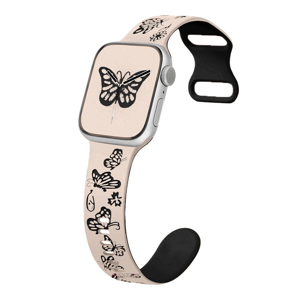 Apple Watch Ultra 1 ve 2 Uyumlu 49mm Kelebek Desenli Yumuşak Silikon Kordon Bej