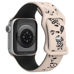 Apple Watch Ultra 1 ve 2 Uyumlu 49mm Kelebek Desenli Yumuşak Silikon Kordon Bej