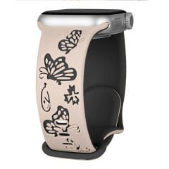 Apple Watch Ultra 1 ve 2 Uyumlu 49mm Kelebek Desenli Yumuşak Silikon Kordon Bej