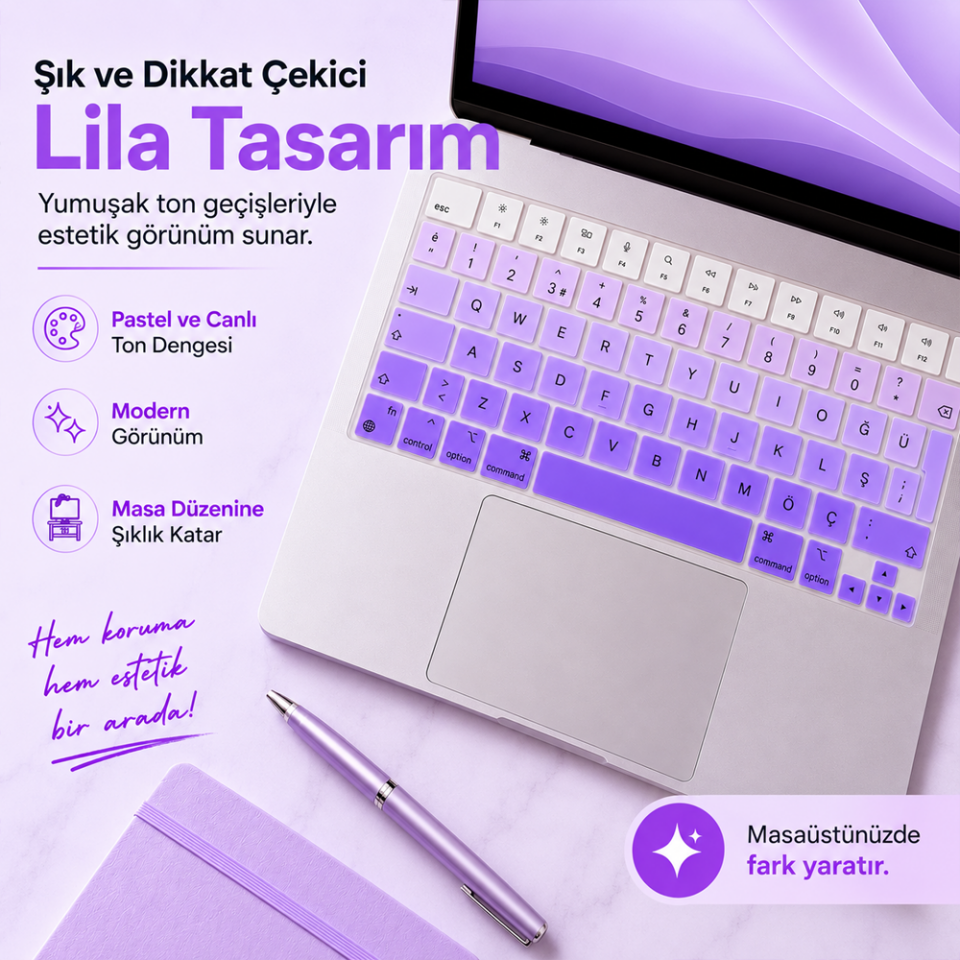 MacBook Air 13.6 İnç M2 M3 M4 M5 A2681 A3113 A3240 A3449 Uyumlu Türkçe Q Klavye Koruyucu Mor Ombre