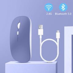 Apple İpad Şarj Edilebilir Sessiz Mouse Bluetooth + 2.4Hz Wifi Kablosuz Mouse Fare Lavanta - Lavanta