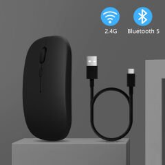 Apple İpad Şarj Edilebilir Sessiz Mouse Bluetooth + 2.4Hz Wifi Kablosuz Mouse Fare Siyah - Siyah
