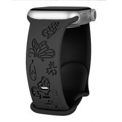 Apple Watch Uyumlu 44 45 46mm Kelebek Desenli Yumuşak Silikon Kordon Seri 2 3 4 5 6 Se 7 8 9 10 Siyah