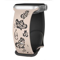 Apple Watch Uyumlu 44 45 46mm Kelebek Desenli Yumuşak Silikon Kordon Seri 2 3 4 5 6 Se 7 8 9 10 Bej