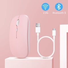 Huawei Tablet Şarj Edilebilir Sessiz Mouse Bluetooth + 2.4Hz Wifi Kablosuz Mouse Fare Pembe - Pembe