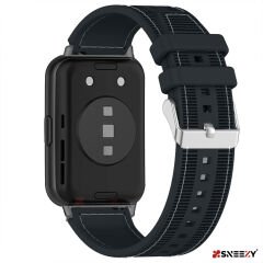 Sneezy Huawei Watch Fit - Fit New  İle Uyumlu Dikiş Desenli Dokuma Silikon Kordon Siyah - Siyah