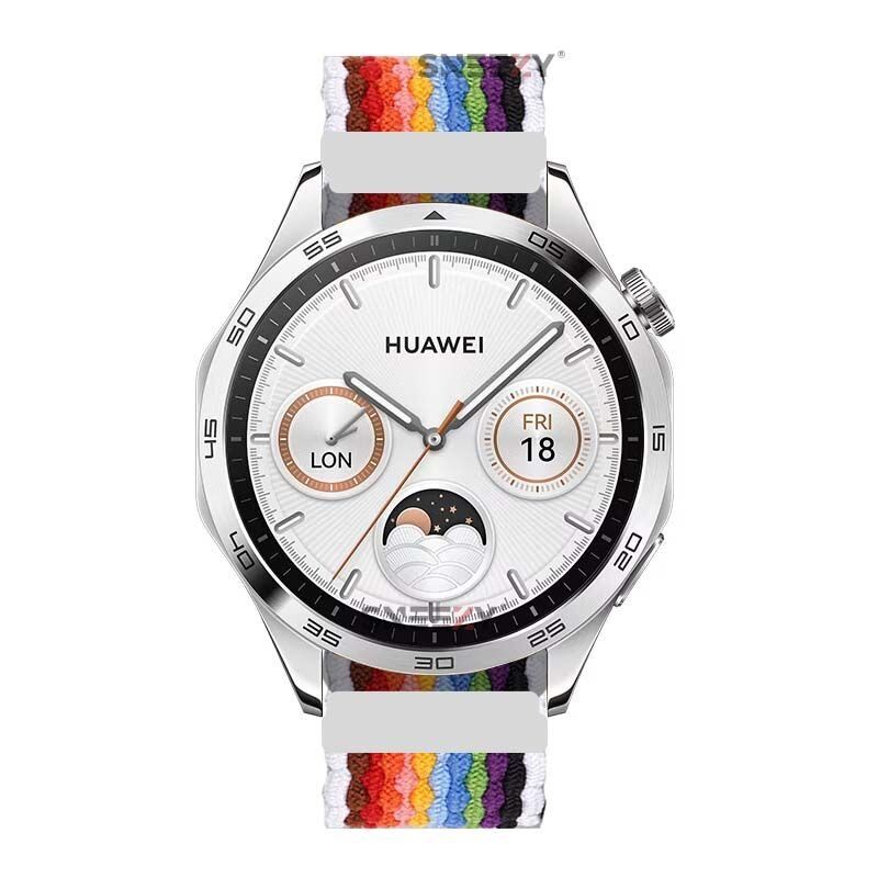 Sneezy Huawei Watch Gt4 46mm İle Uyumlu 22mm Metal Klips Solo Fiberlink Örgü Kordon Beyaz Gökkuşağı