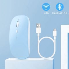 Lenovo Tablet Şarj Edilebilir Sessiz Mouse Bluetooth + 2.4Hz Wifi Kablosuz Mouse Fare Mavi - Mavi