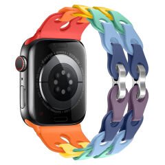 Apple Watch Uyumlu 44 45 46mm Zincir Desenli Yumuşak Silikon Solo Kordon Seri 2 3 4 5 6 Se 7 8 9 10 Gökkuşağı