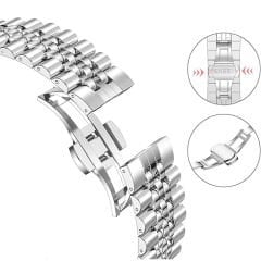 Samsung Galaxy Watch 4 40-42-44-46mm İle Uyumlu Klipsli Paslanmaz Çelik Metal Kordon Gümüş