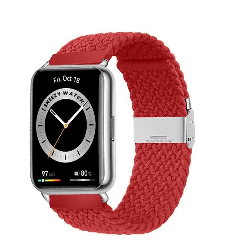 Sneezy Huawei Watch Fit - Fit New  İle Uyumlu Metal Klips Solo Fiberlink Örgü Kordon Kırmızı - Kırmızı