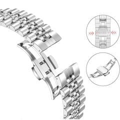 Samsung Galaxy Watch 7 40mm-44mm İle Uyumlu Klipsli Paslanmaz Çelik Metal Kordon Gümüş