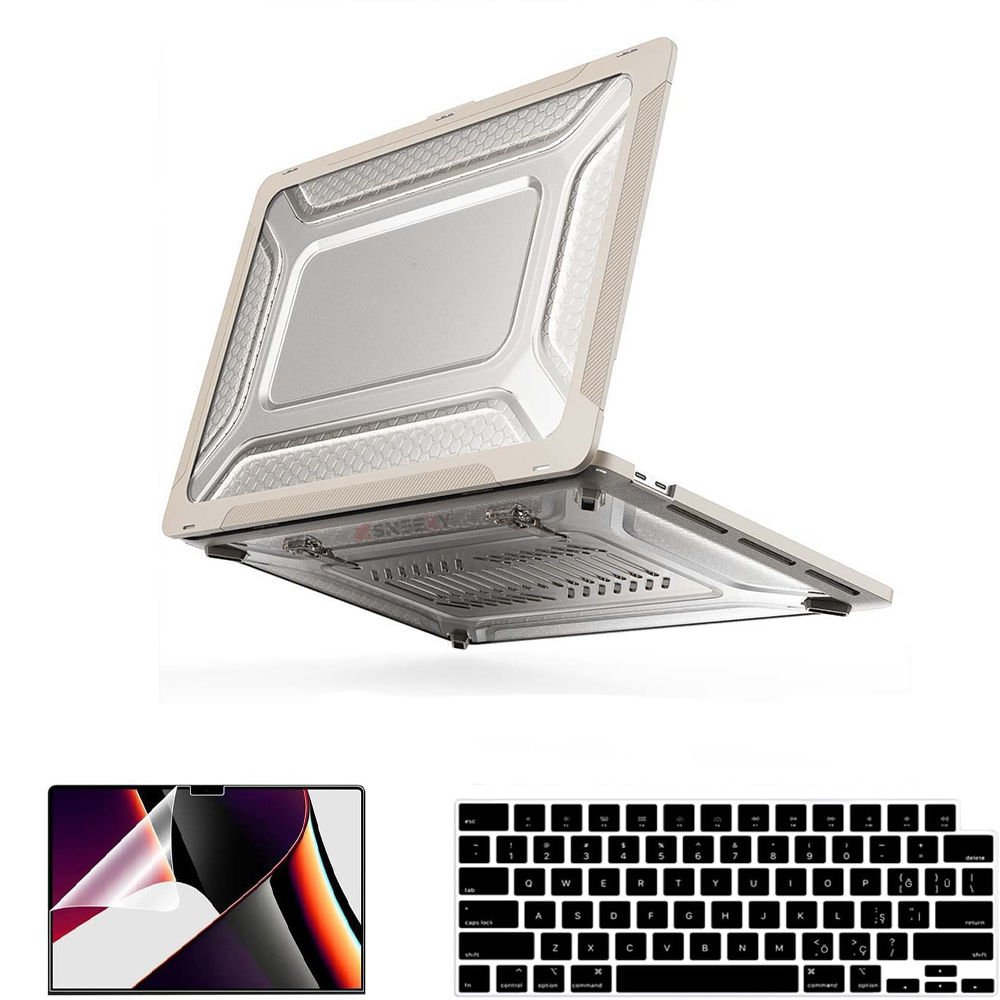 MacBook Air 13.3 İnç Kılıf M1 A2337-A2179-A1932 Zırh Özellikli Dayanıklı Koruyucu Plastik Sert Kılıf Gold-Set1