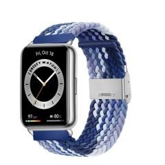 Sneezy Huawei Watch Fit - Fit New  İle Uyumlu Metal Klips Solo Fiberlink Örgü Kordon Mavi Beyaz