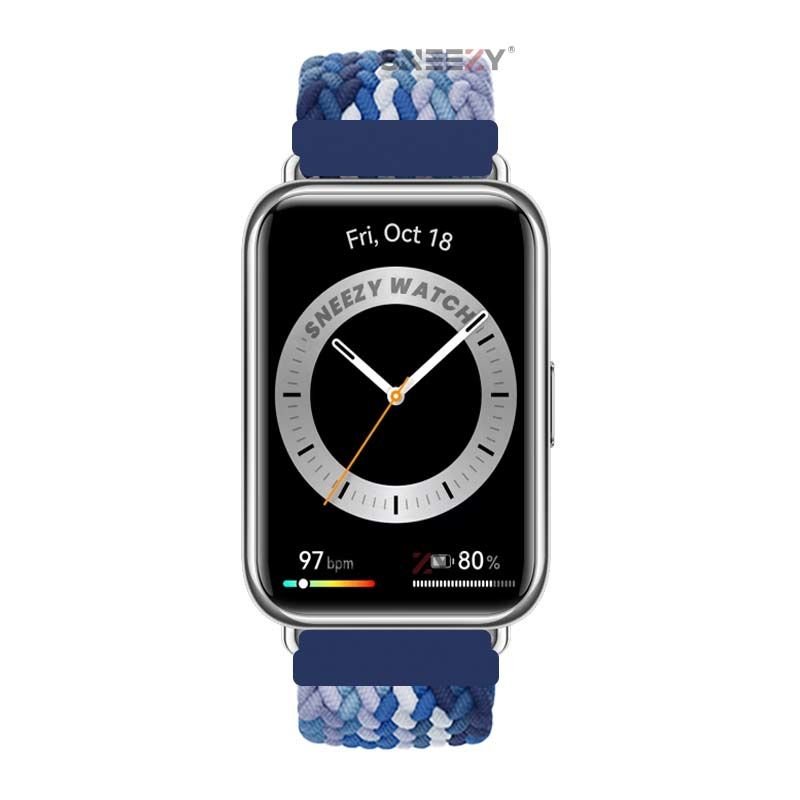 Sneezy Huawei Watch Fit - Fit New  İle Uyumlu Metal Klips Solo Fiberlink Örgü Kordon Mavi Beyaz