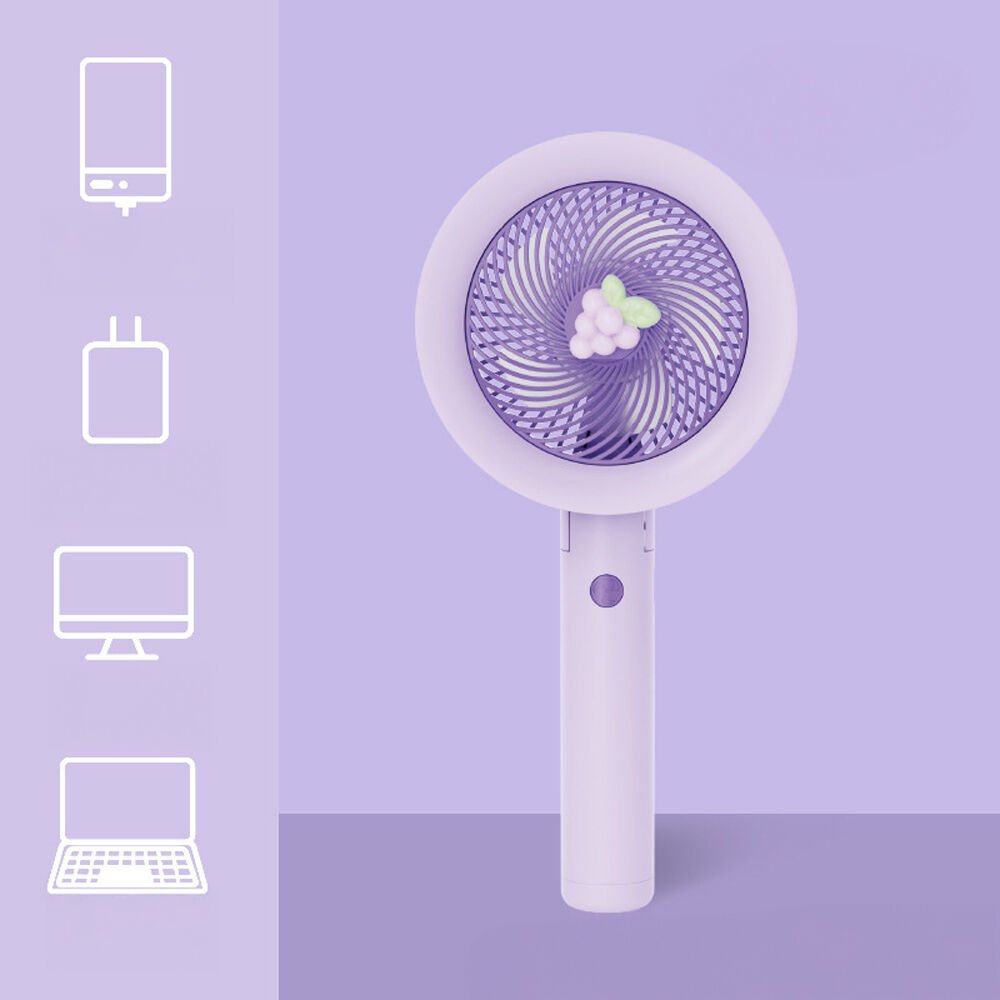 Meyve Figürlü 3 Kademeli Sessiz Mini Taşınabilir Fan Şarjlı Type-C Girişli, Taşınabilir Masaüstü Fan Mor
