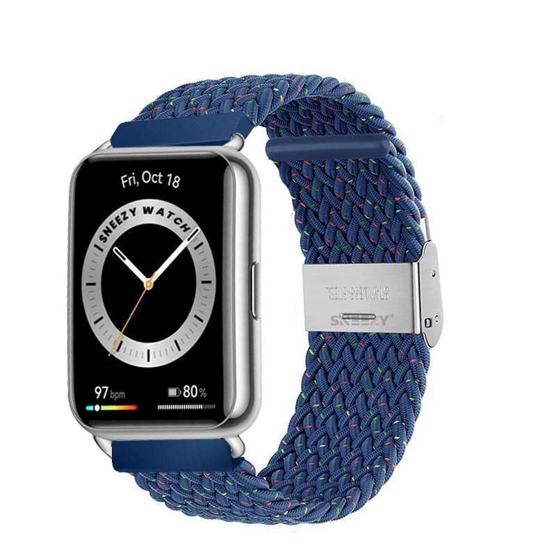Sneezy Huawei Watch Fit - Fit New  İle Uyumlu Metal Klips Solo Fiberlink Örgü Kordon Mavi Gökkuşağı
