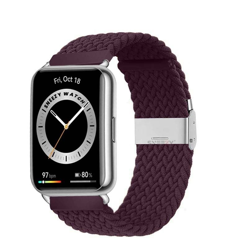 Sneezy Huawei Watch Fit - Fit New  İle Uyumlu Metal Klips Solo Fiberlink Örgü Kordon Mürdüm - Mürdüm