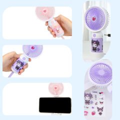 Sevimli Karakter Desenli Sessiz USB Şarjlı Mini Fan Kalemtraşlı, Taşınabilir Masaüstü Fan Mor
