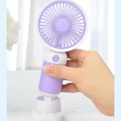 Sevimli Karakter Desenli Sessiz USB Şarjlı Mini Fan Kalemtraşlı, Taşınabilir Masaüstü Fan Mor