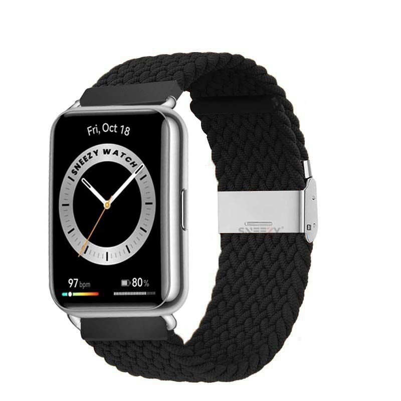 Sneezy Huawei Watch Fit - Fit New  İle Uyumlu Metal Klips Solo Fiberlink Örgü Kordon Siyah - Siyah