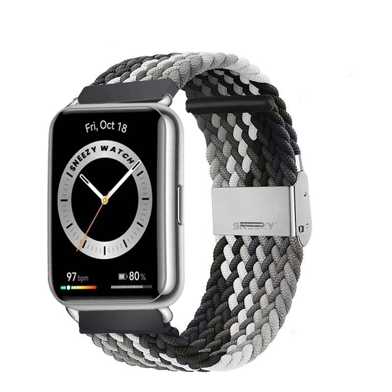 Sneezy Huawei Watch Fit - Fit New  İle Uyumlu Metal Klips Solo Fiberlink Örgü Kordon Siyah Beyaz