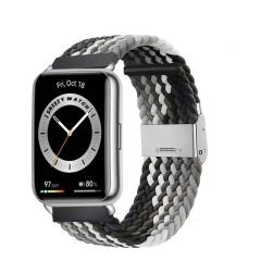 Sneezy Huawei Watch Fit - Fit New  İle Uyumlu Metal Klips Solo Fiberlink Örgü Kordon Siyah Beyaz
