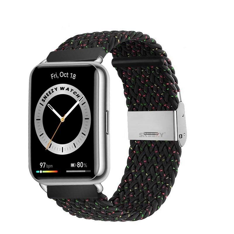 Sneezy Huawei Watch Fit - Fit New  İle Uyumlu Metal Klips Solo Fiberlink Örgü Kordon Siyah Gökkuşağı