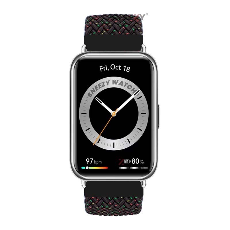 Sneezy Huawei Watch Fit - Fit New  İle Uyumlu Metal Klips Solo Fiberlink Örgü Kordon Siyah Gökkuşağı