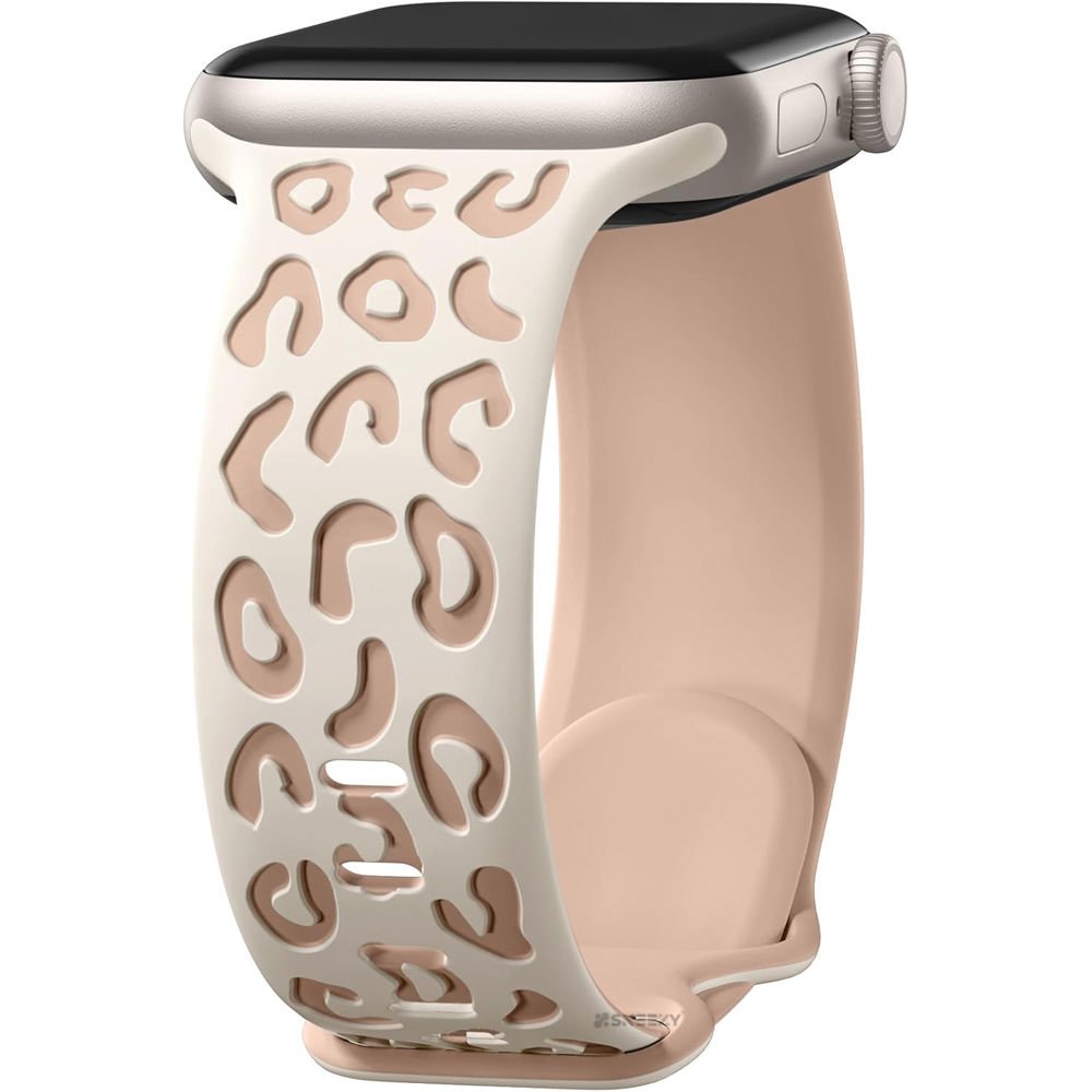 Apple Watch Ultra 1 ve 2 Uyumlu 49mm Leopar Desenli Yumuşak Silikon Kordon Bej