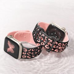 Apple Watch Ultra 1 ve 2 Uyumlu 49mm Leopar Desenli Yumuşak Silikon Kordon Pembe