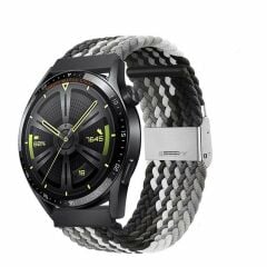 Sneezy Huawei Watch GT5 46mm İle Uyumlu 22mm Metal Klips Solo Fiberlink Örgü Kordon Siyah Beyaz