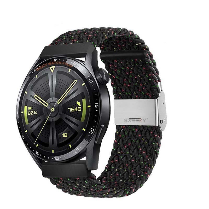 Sneezy Huawei Watch GT5 46mm İle Uyumlu 22mm Metal Klips Solo Fiberlink Örgü Kordon Siyah Gökkuşağı