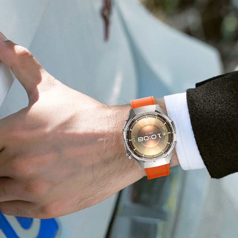 Huawei Watch GT6 Pro 46mm İle Uyumlu Premium Classic Deri Görünümlü Kordon Turuncu