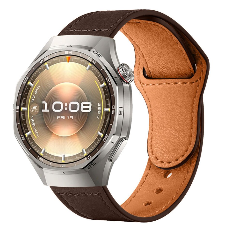 Huawei Watch GT6 Pro 46mm İle Uyumlu Premium Classic Deri Görünümlü Kordon Koyu Kahverengi