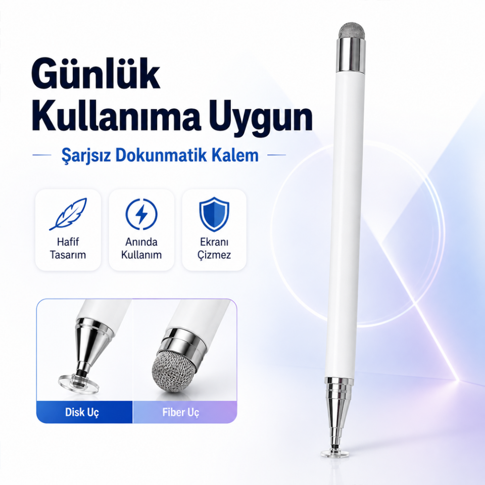 Lenovo Tab M10 İle Uyumlu Çift Uçlu Dokunmatik Kalem Disk Fiber Uç