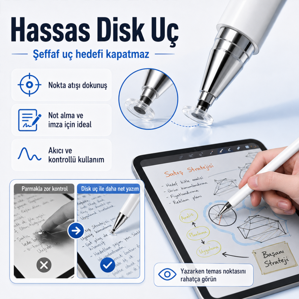 Lenovo Tab M10 İle Uyumlu Çift Uçlu Dokunmatik Kalem Disk Fiber Uç