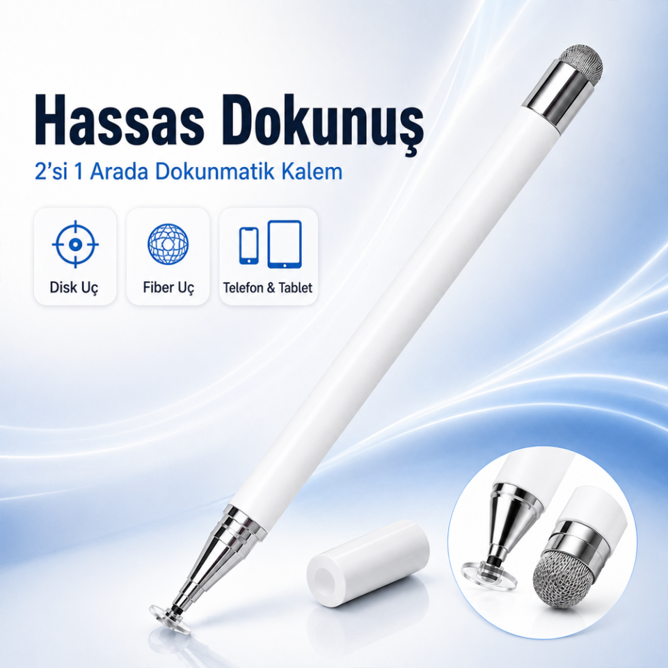 Samsung Galaxy Tab A7 T500 İle Uyumlu Çift Uçlu Dokunmatik Kalem Disk Fiber Uç