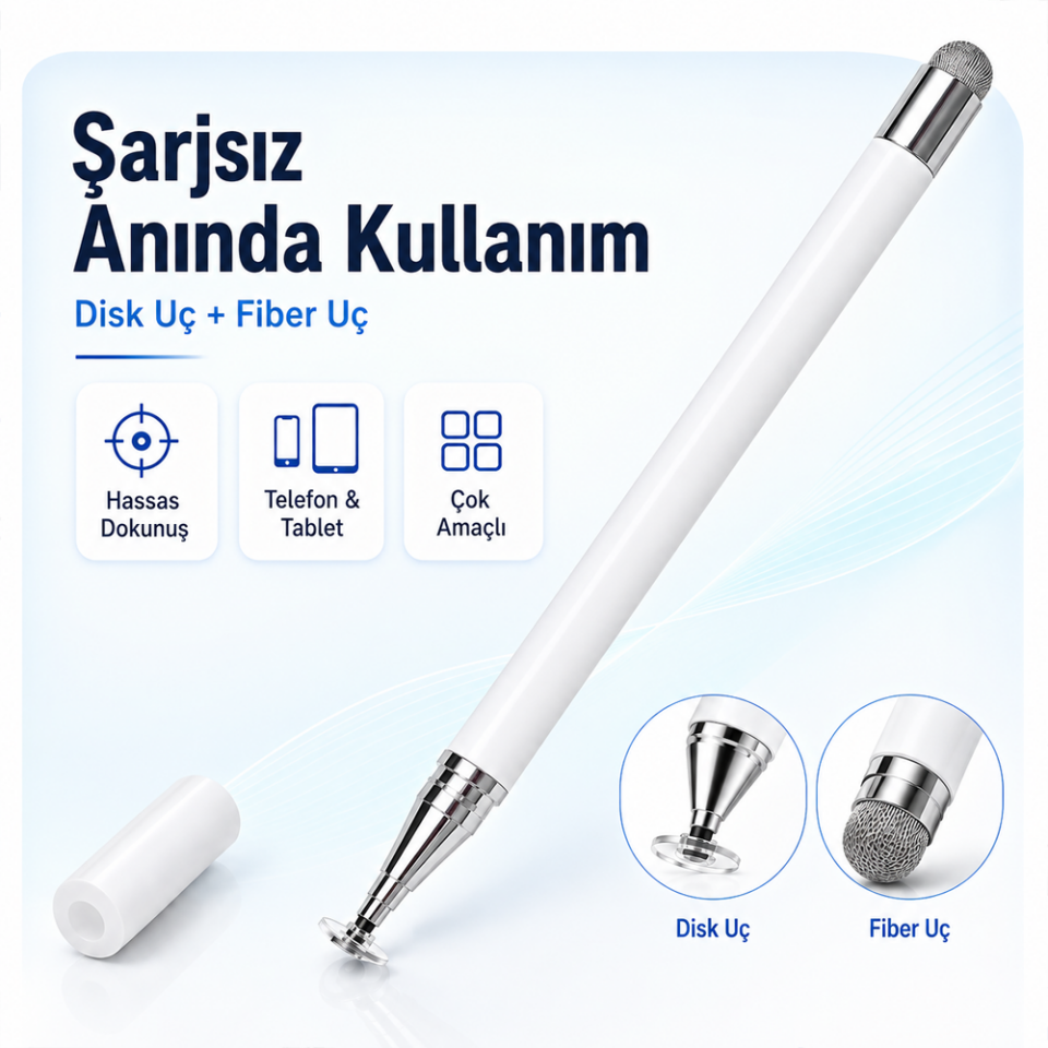 Samsung Galaxy Tab A9 X110 İle Uyumlu Çift Uçlu Dokunmatik Kalem Disk Fiber Uç